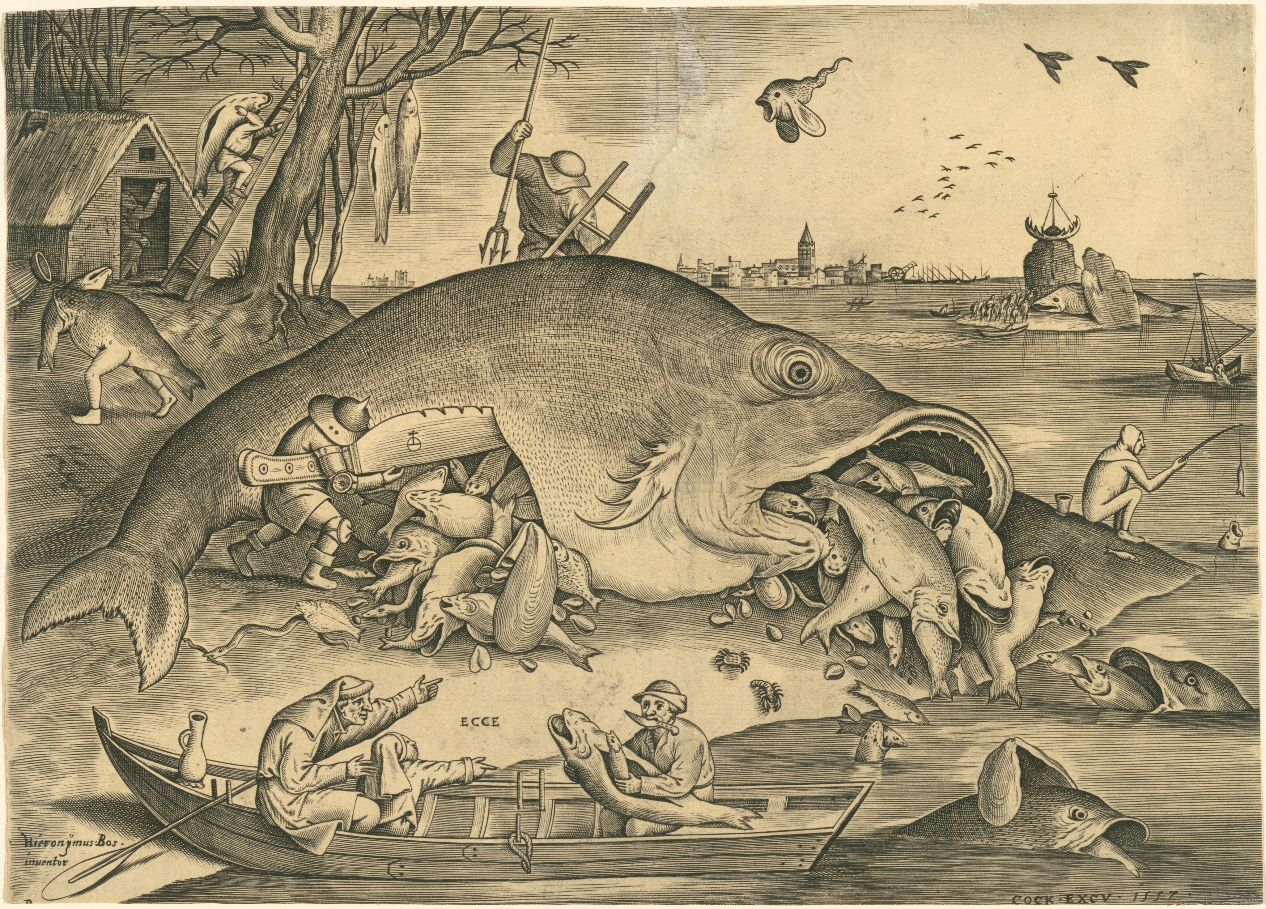A sea shore landscape with fishermen butchering the fish they caught only to get smaller fish out of them. A sea shore landscape with fishermen butchering the fish they caught only to get smaller fish out of them.
